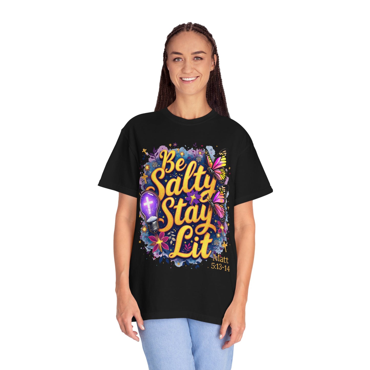 Be Salty Stay Lit T-Shirt — Christian Inspo Floral Butterfly Tee (Matt 5:13-14)
