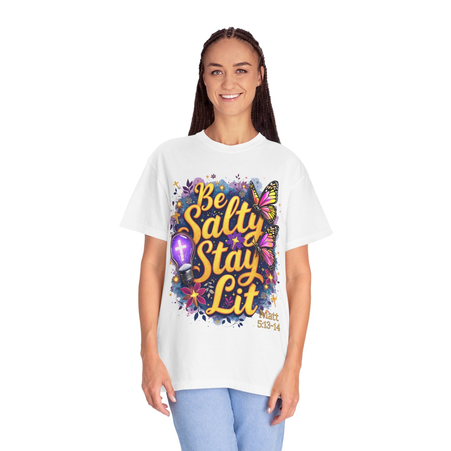 Be Salty Stay Lit T-Shirt — Christian Inspo Floral Butterfly Tee (Matt 5:13-14)