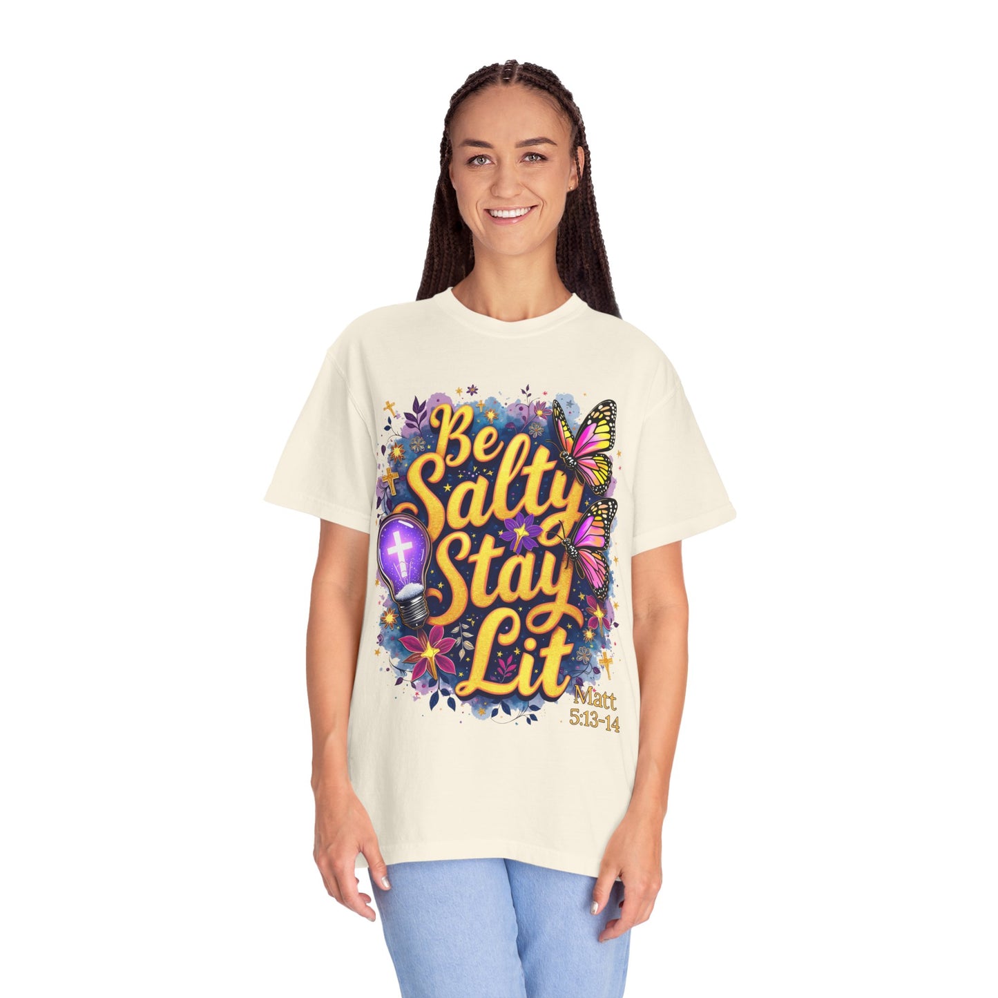 Be Salty Stay Lit T-Shirt — Christian Inspo Floral Butterfly Tee (Matt 5:13-14)